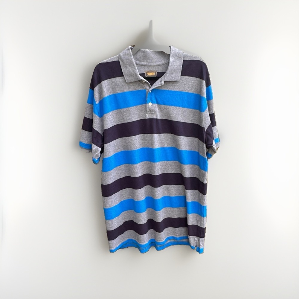 The Foundry Men's Short Sleeve Polo Shirt Grey‎ and Blue Striped Size XLT